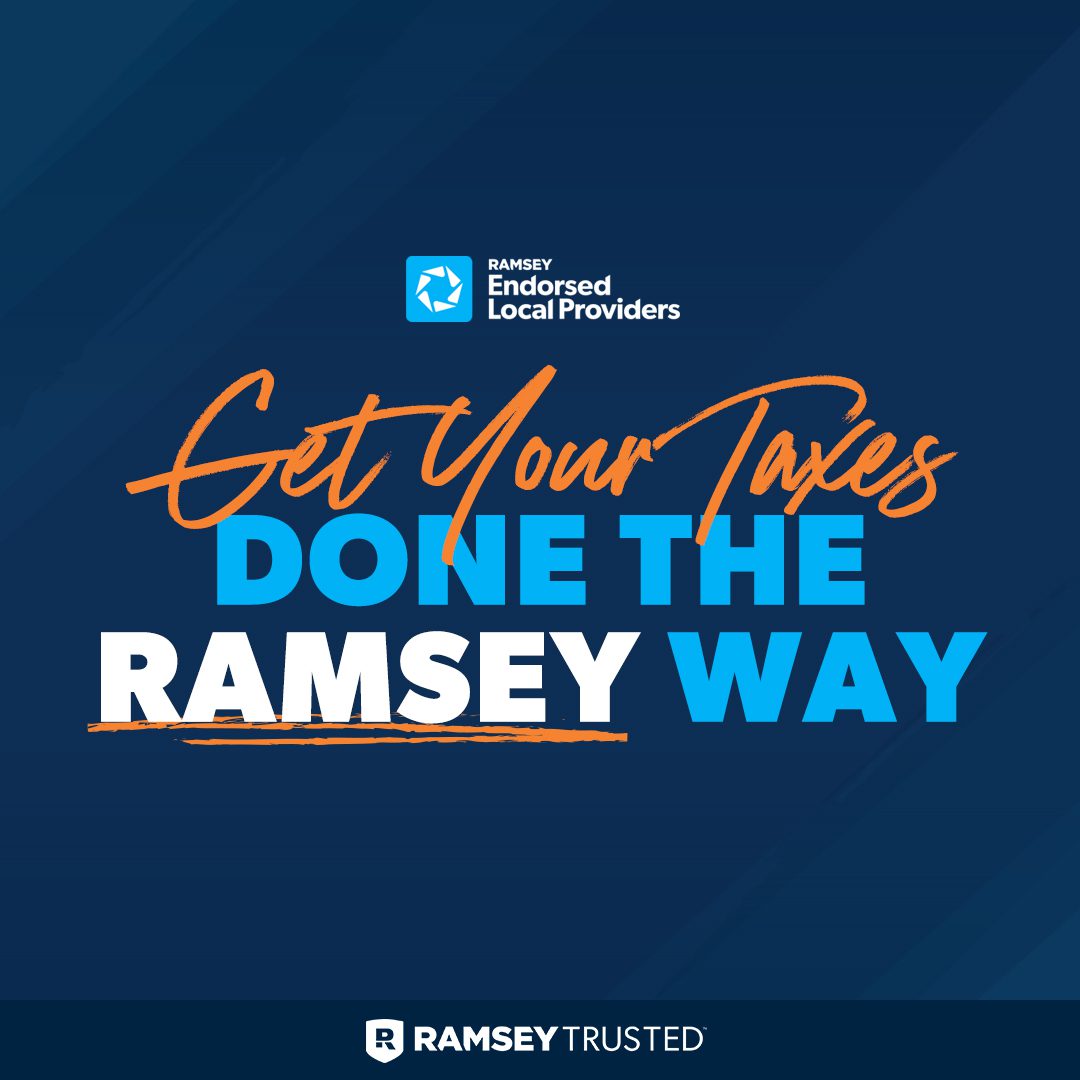 Text graphic reads: "Get your taxes done the Ramsey way" with Ramsey Trusted and Endorsed Local Providers logos on a blue background.